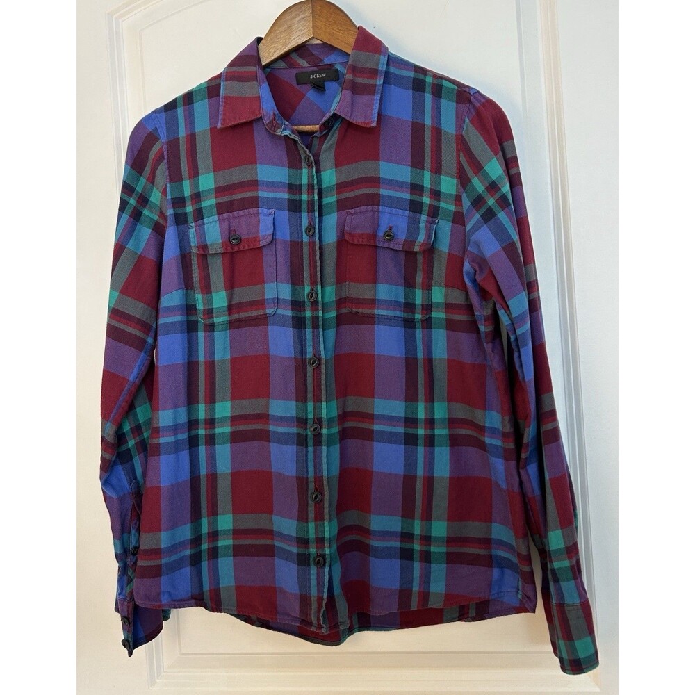 J Crew Shirt Size 6 Button-Up Tartan Plaid Blue Green Academia Utility Preppy - Picture 2 of 13